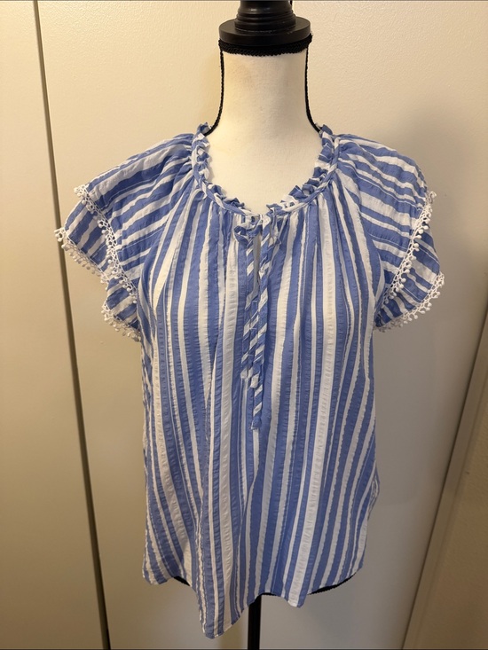 Zac & Rachel Tops - Zac & Rachel Blue and White Striped Ruffle Tie Neck Blouse